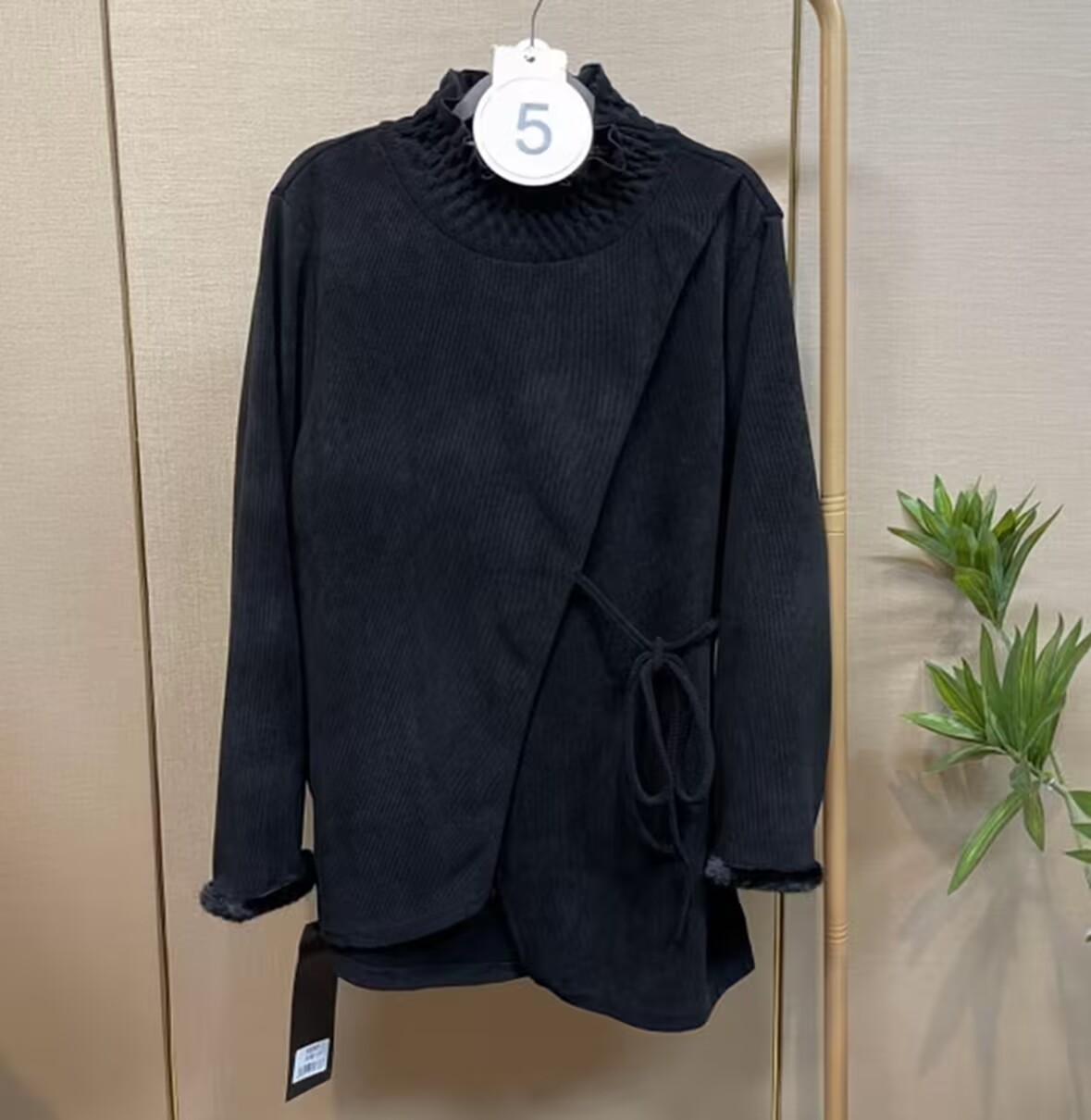 Black stand collar wooden ear patchwork long-sleeved autumn and winter new loose Chinese style women's T-shirt