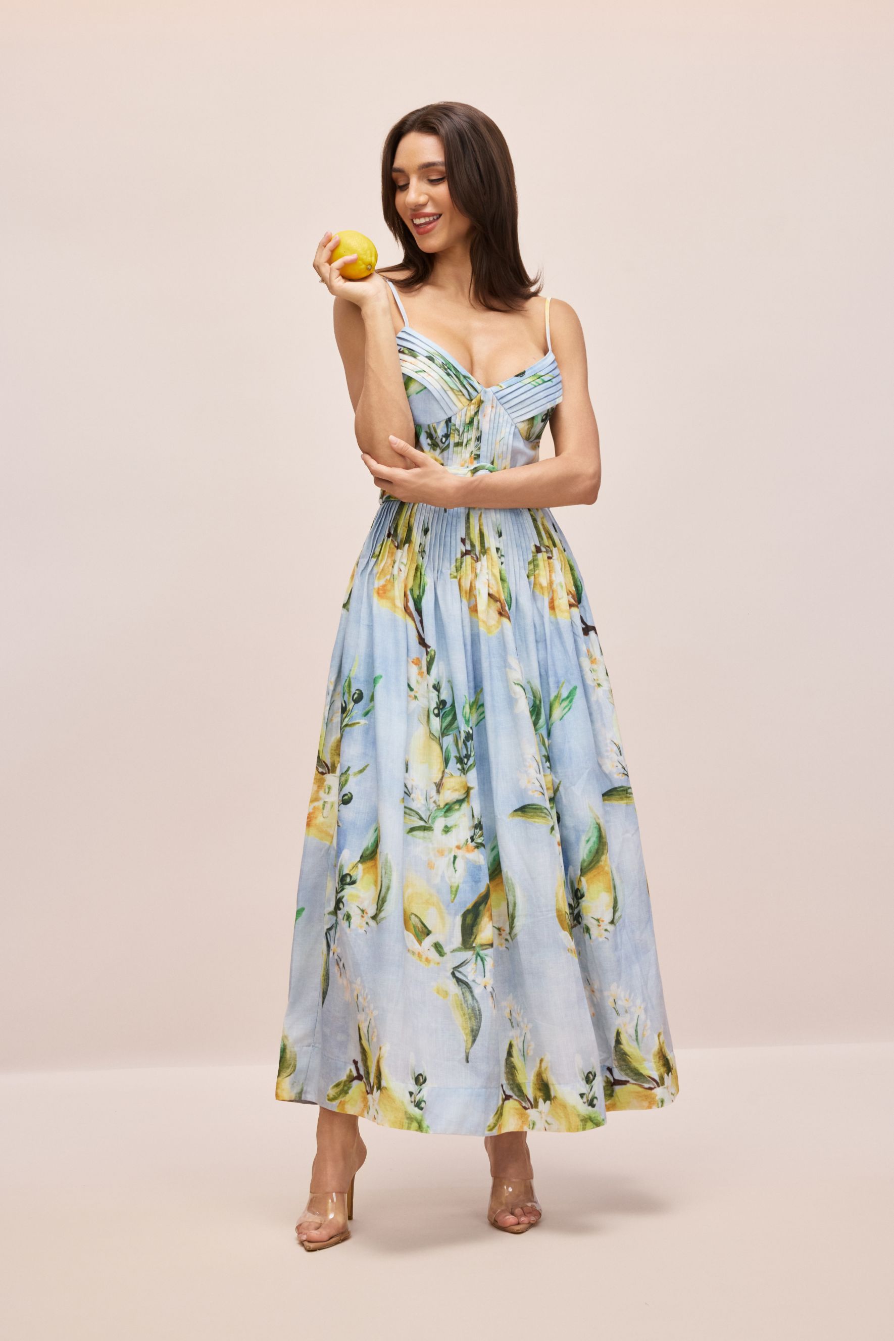 Joyce Lemon Print Spaghetti Strap Maxi Dress