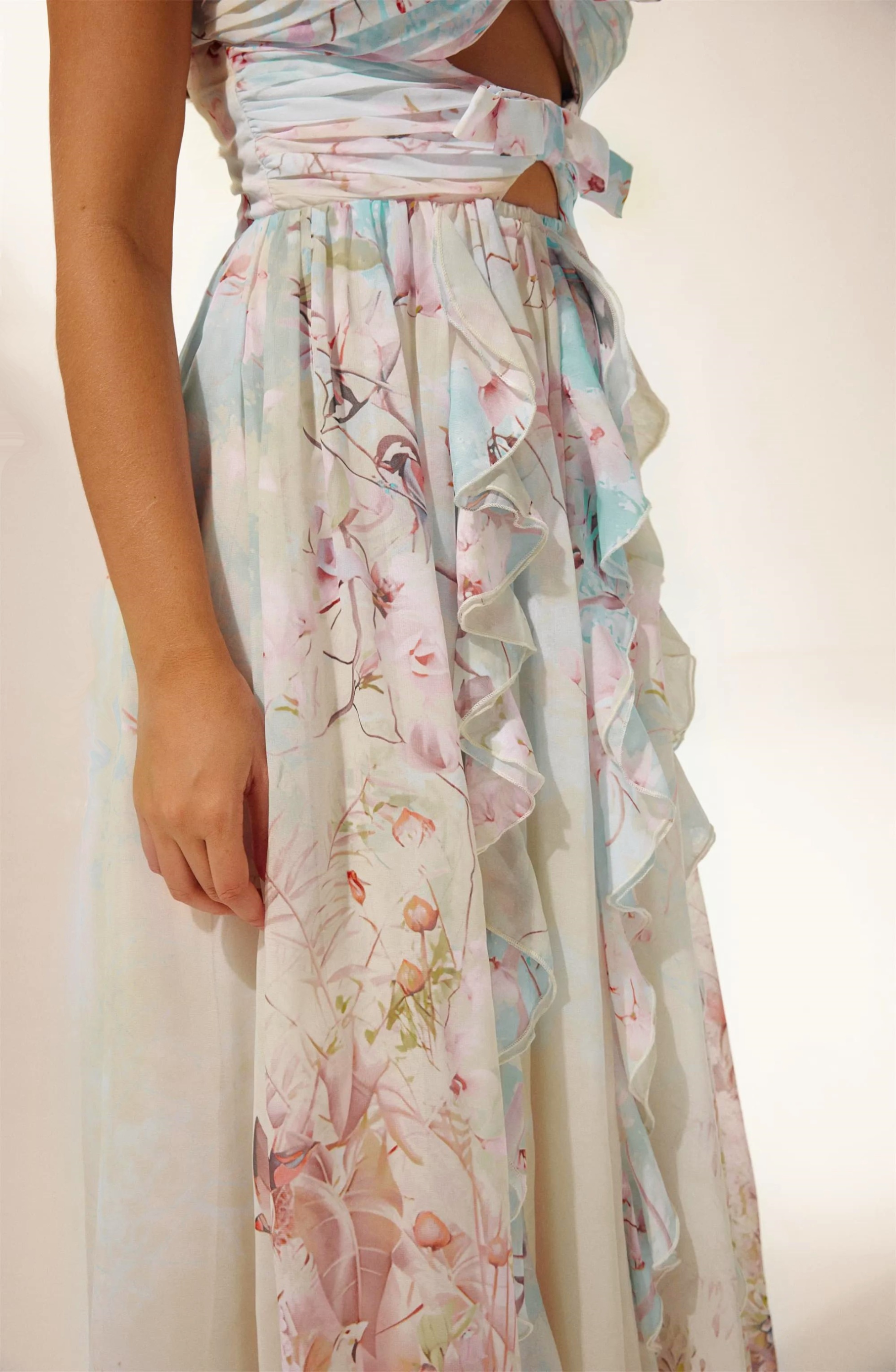 Octavia Printed Cut-out Ruffle Maxi Dress