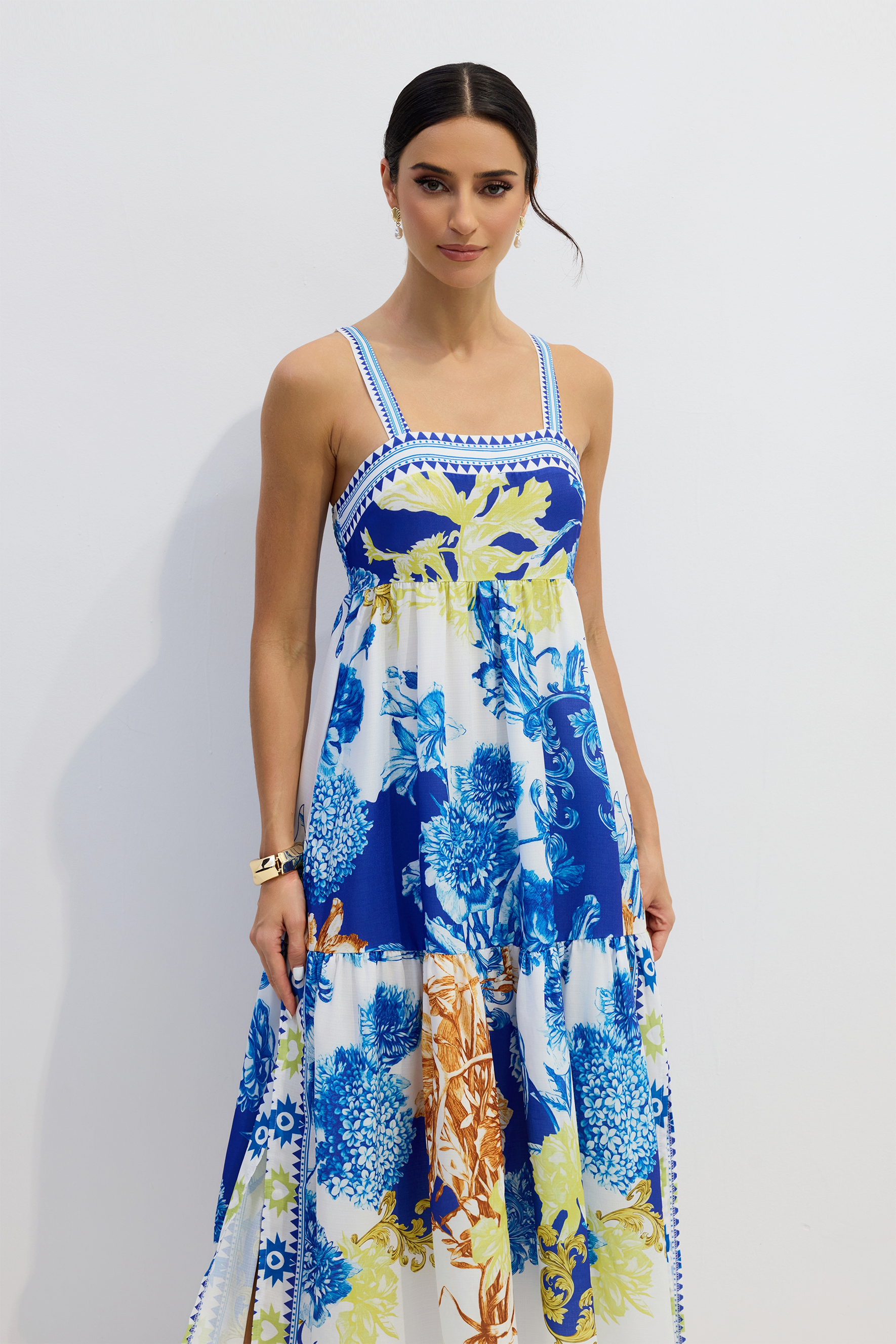 Nessia Floral Print Shirred Maxi Dress