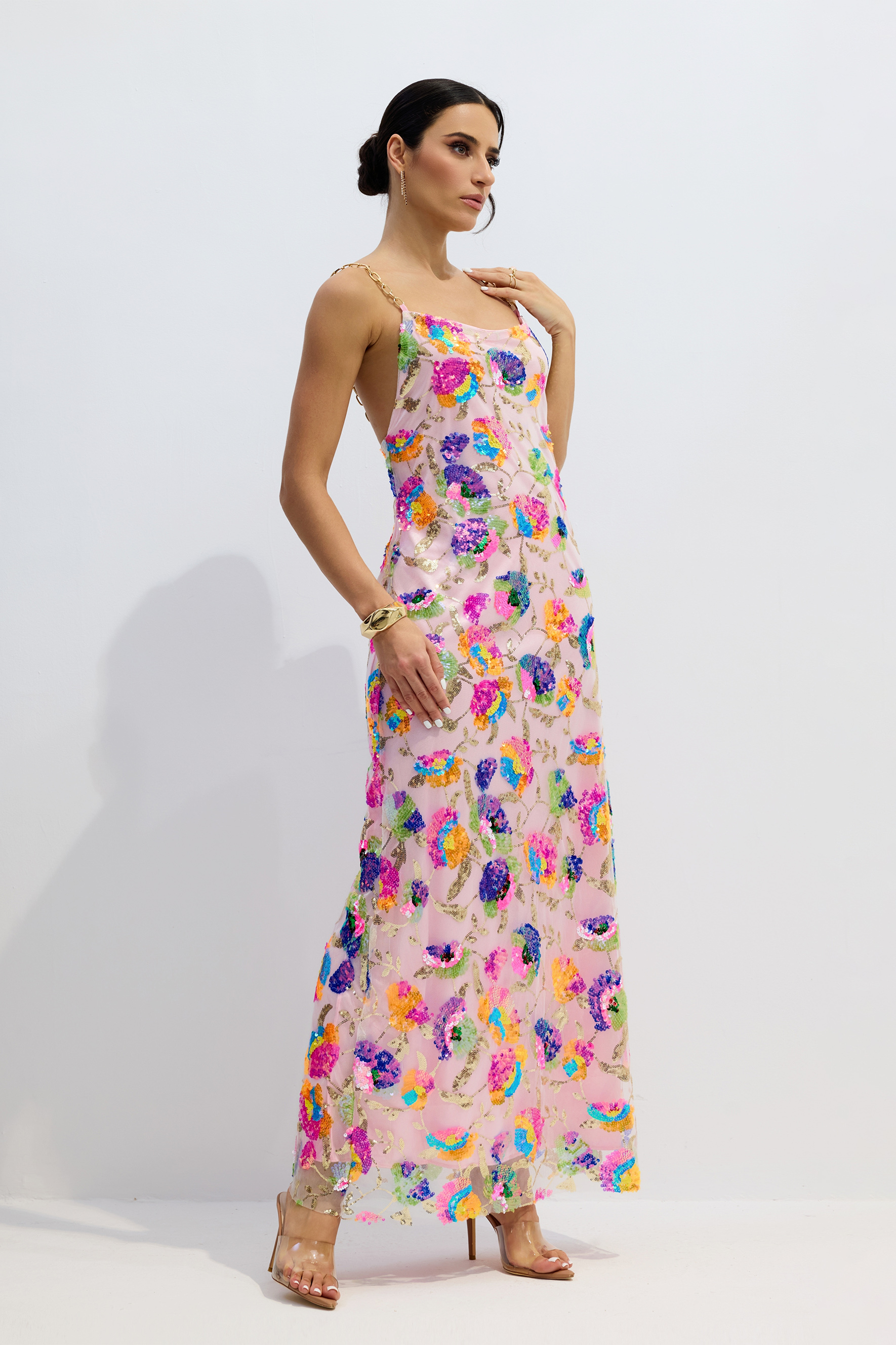 Fanny Embroidered Sequins Backless Maxi Dress