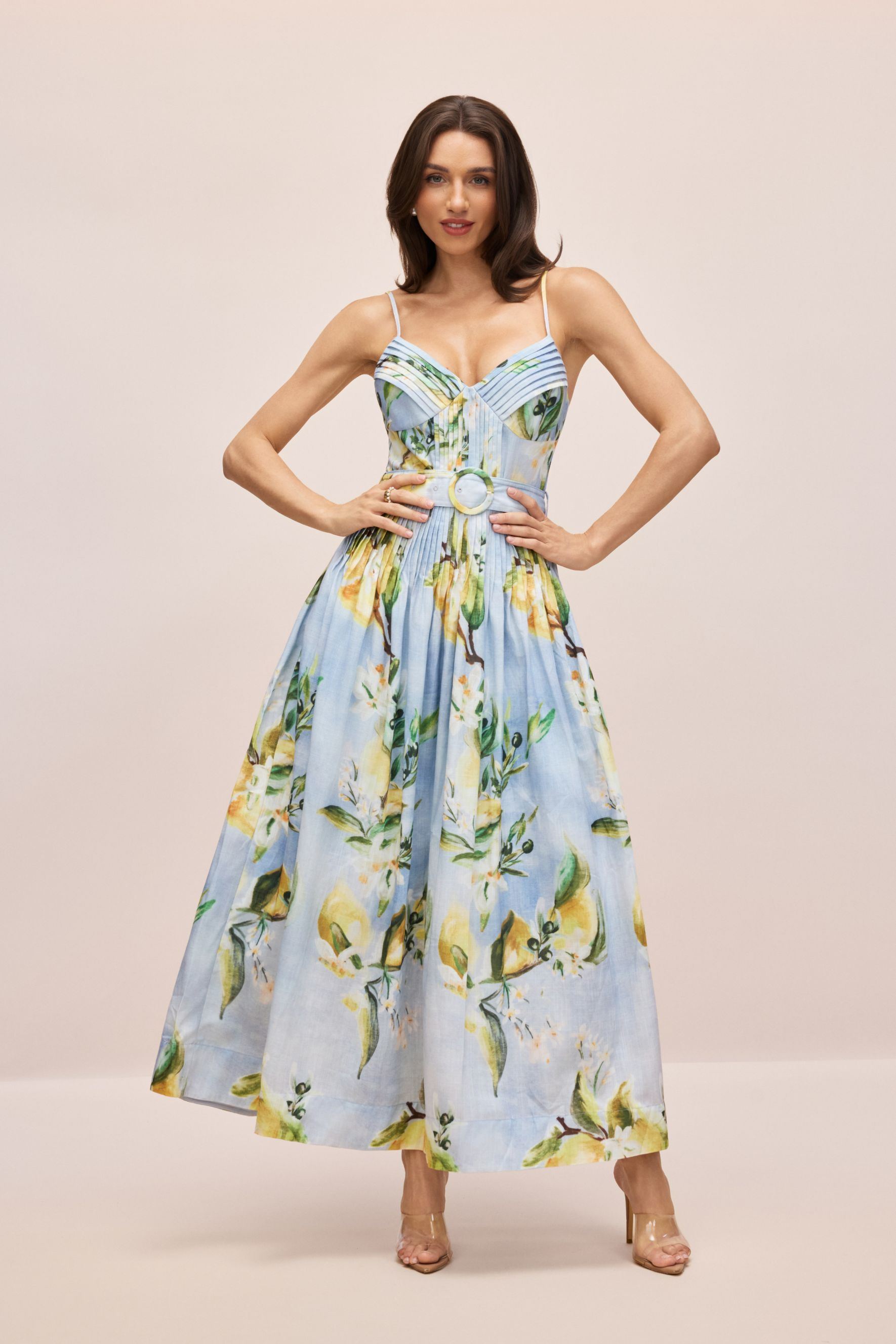 Joyce Lemon Print Spaghetti Strap Maxi Dress
