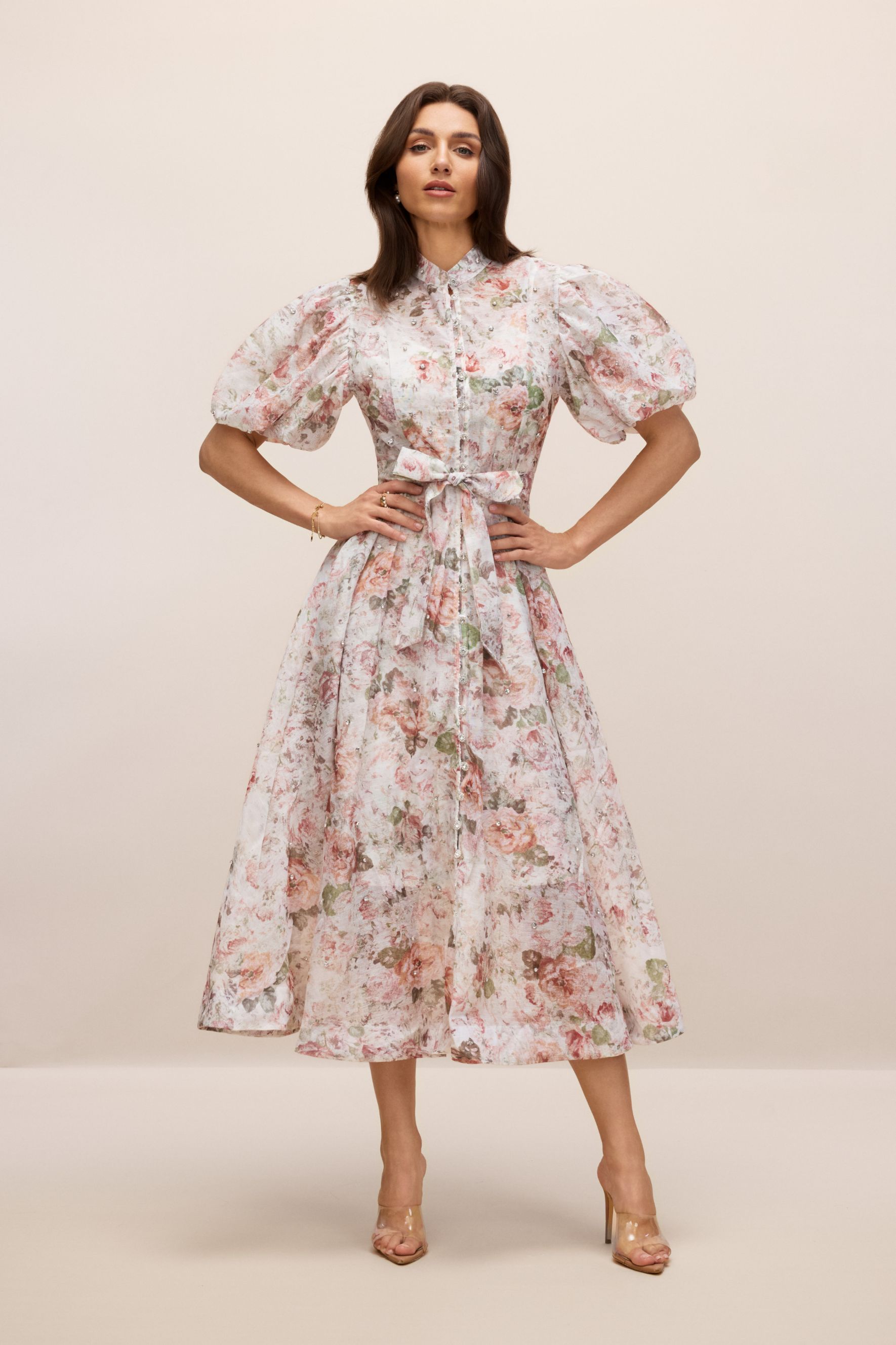 Serena Floral Print Puff Sleeve Midi Dress