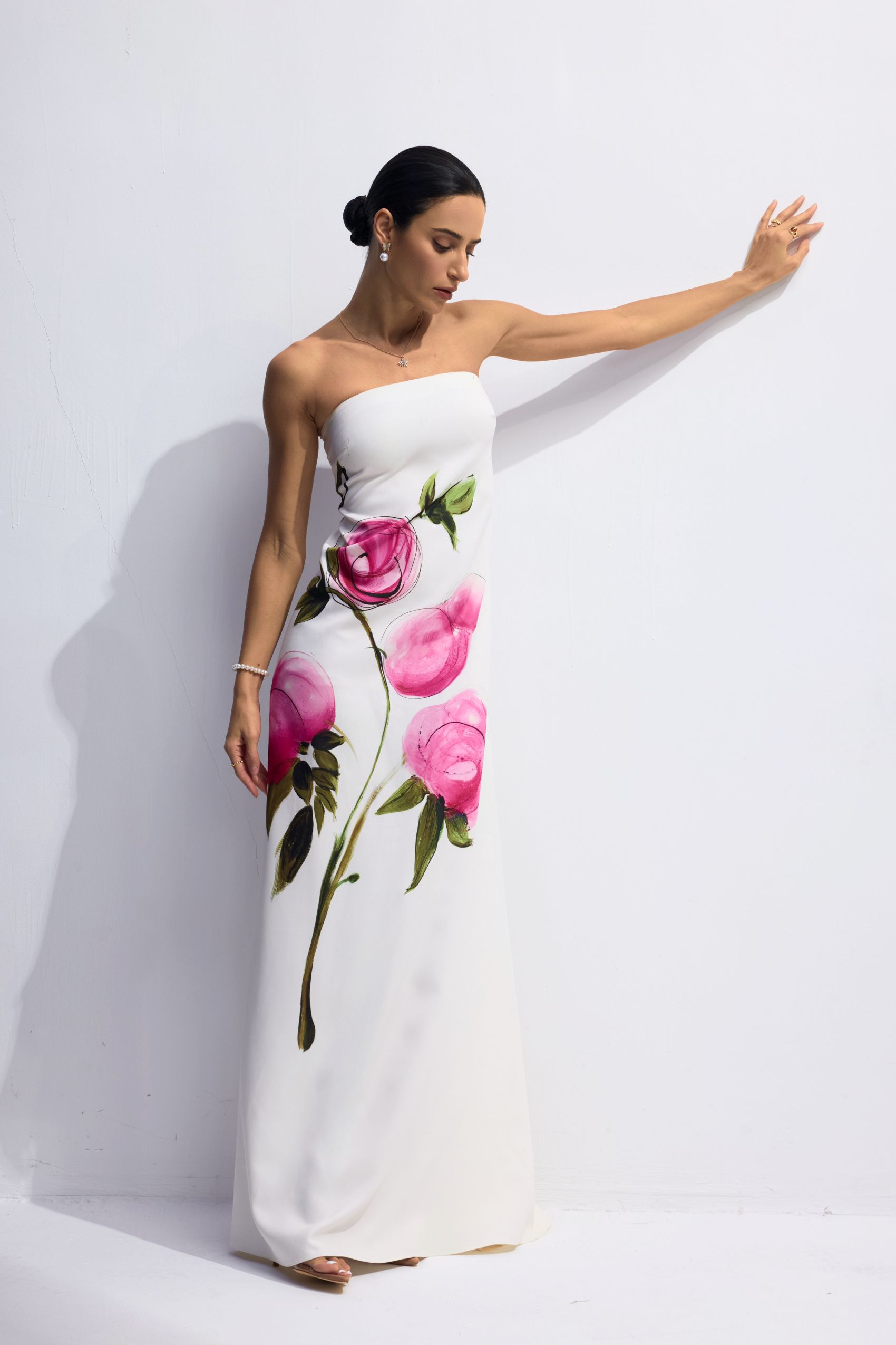 Dorothy Floral Print Strapless Satin Maxi Dress