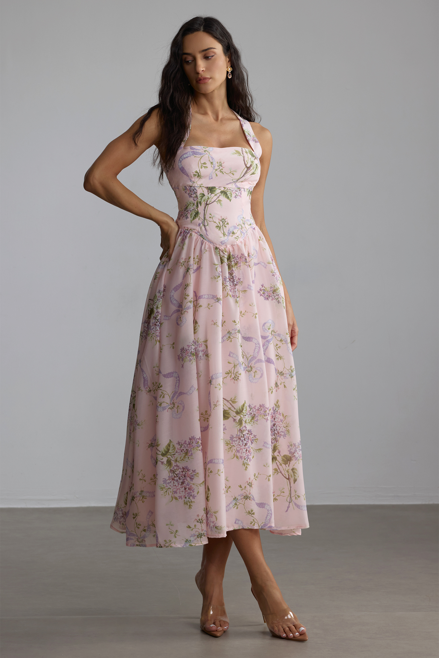 Elise Floral Print Open Back Midi Dress