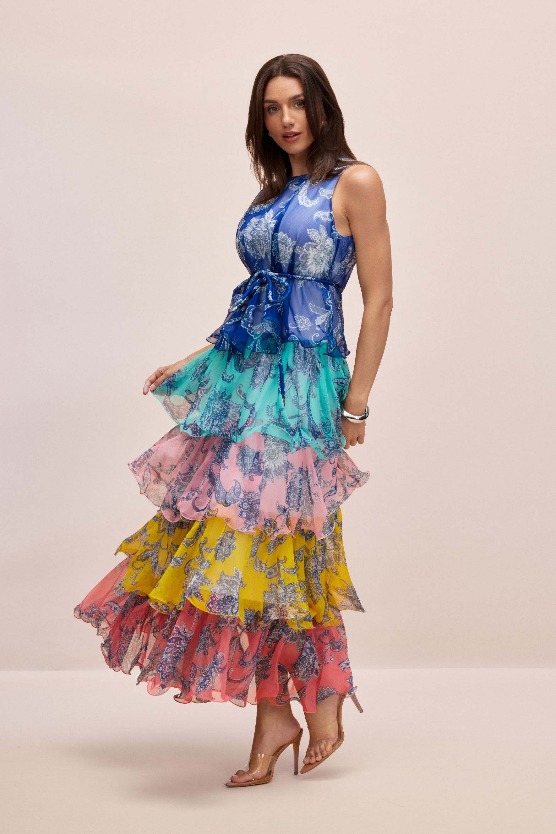 Cynthia Printed Tiered Ruffle Maxi Dress