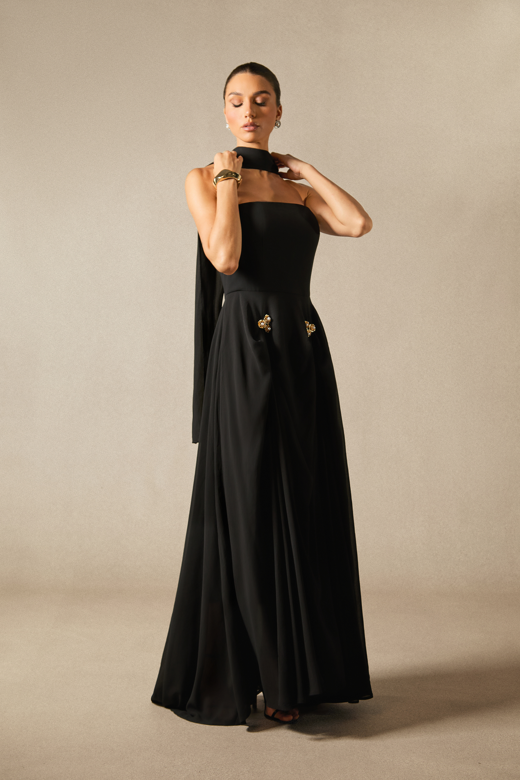 Sarah Strapless Floral Detail Maxi Dress with Scarf