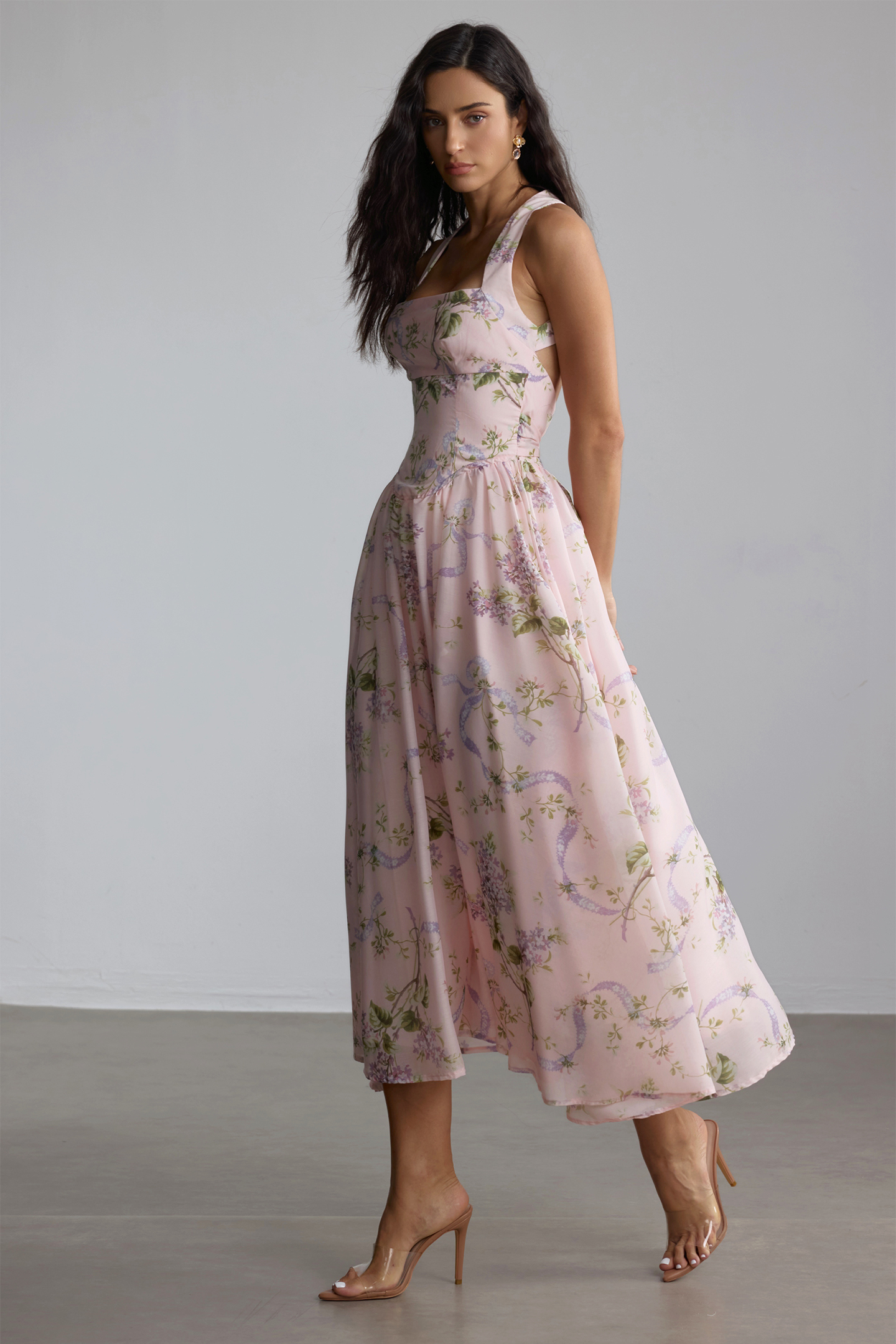 Elise Floral Print Open Back Midi Dress