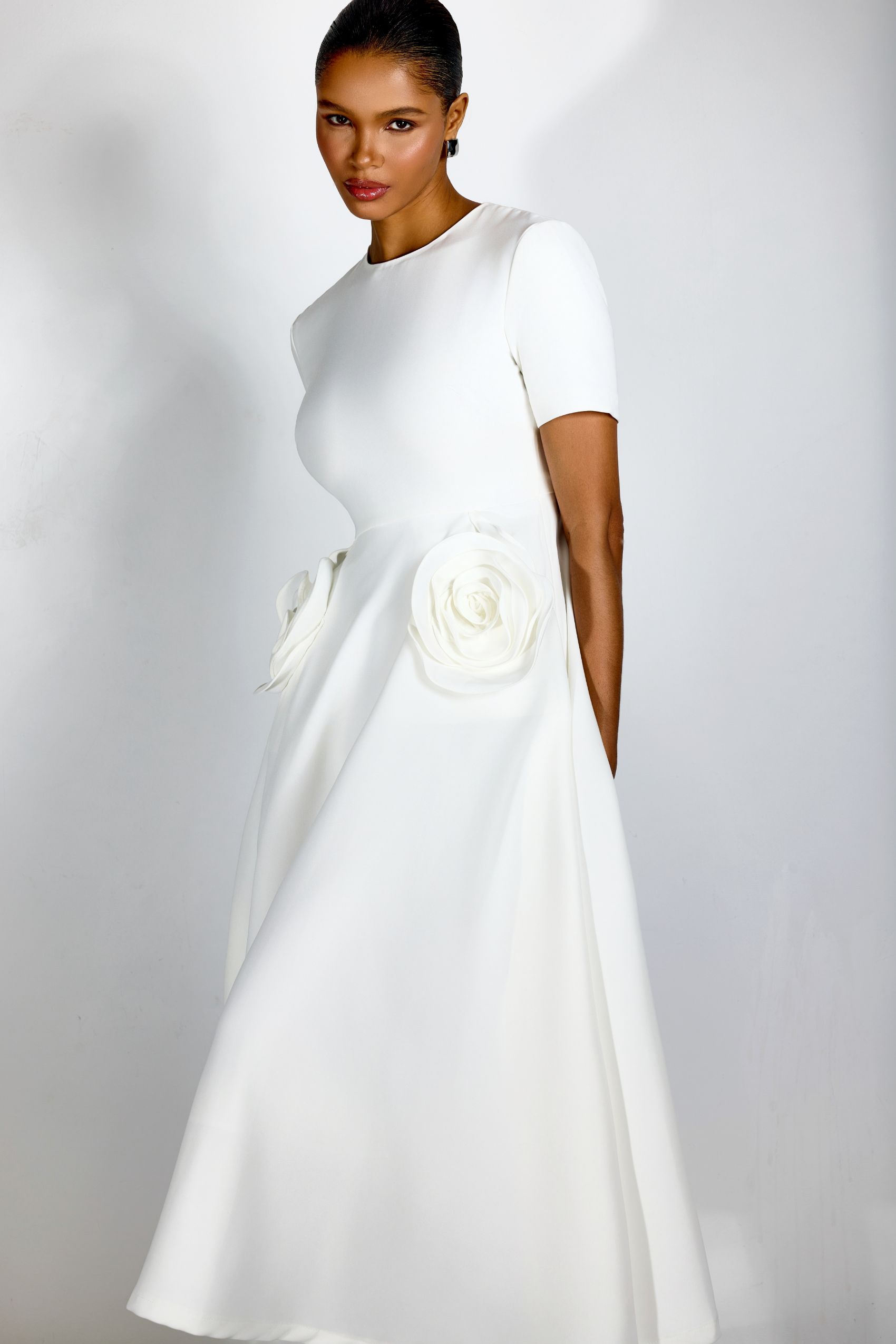 Ava Floral Applique Short Sleeves Midi Dress