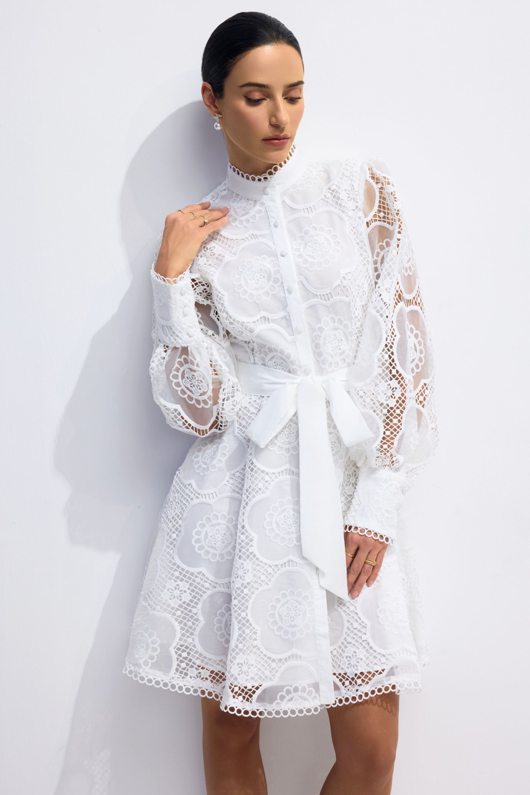 Helena Floral Lace Lantern Sleeve Mini Dress