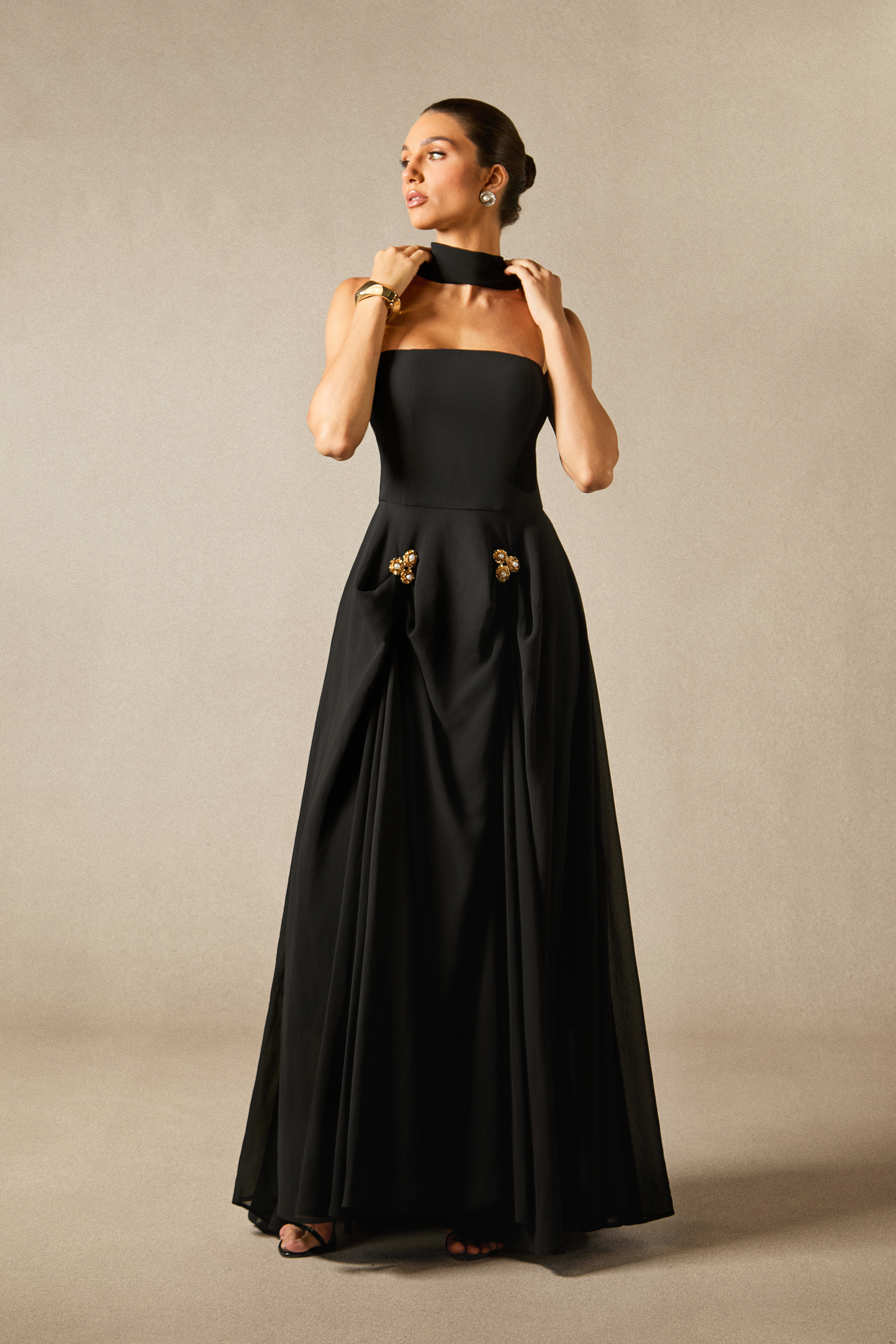 Sarah Strapless Floral Detail Maxi Dress with Scarf