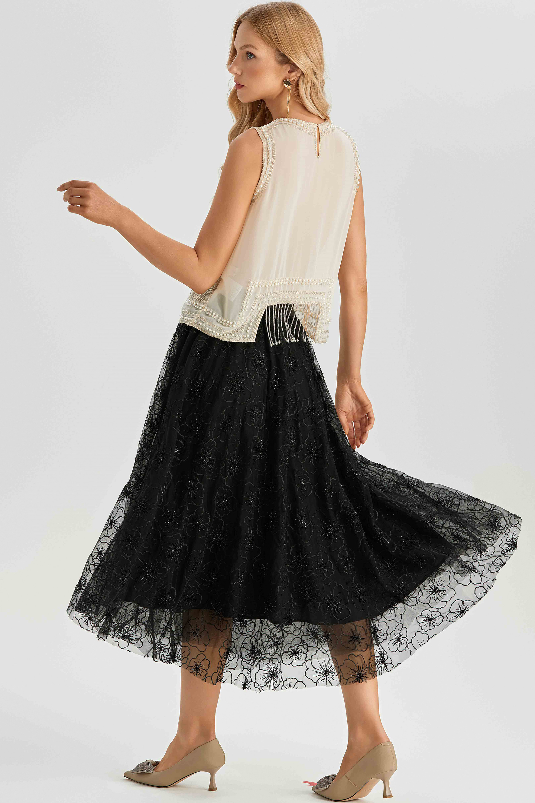 Alina Sleeveless Pearl Trim Fringe Top