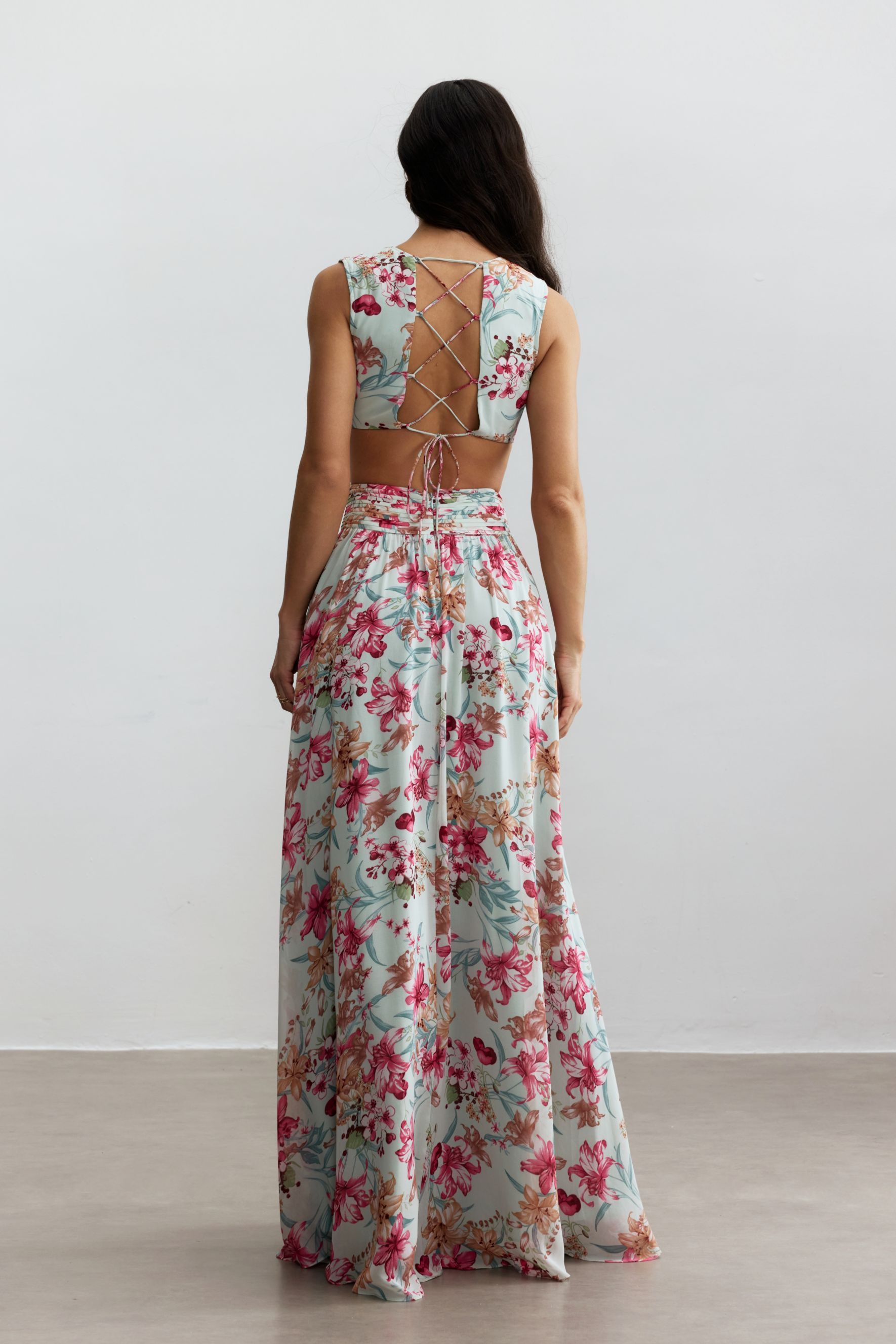 Anila Printed Pleated Ruffle Maxi Dress