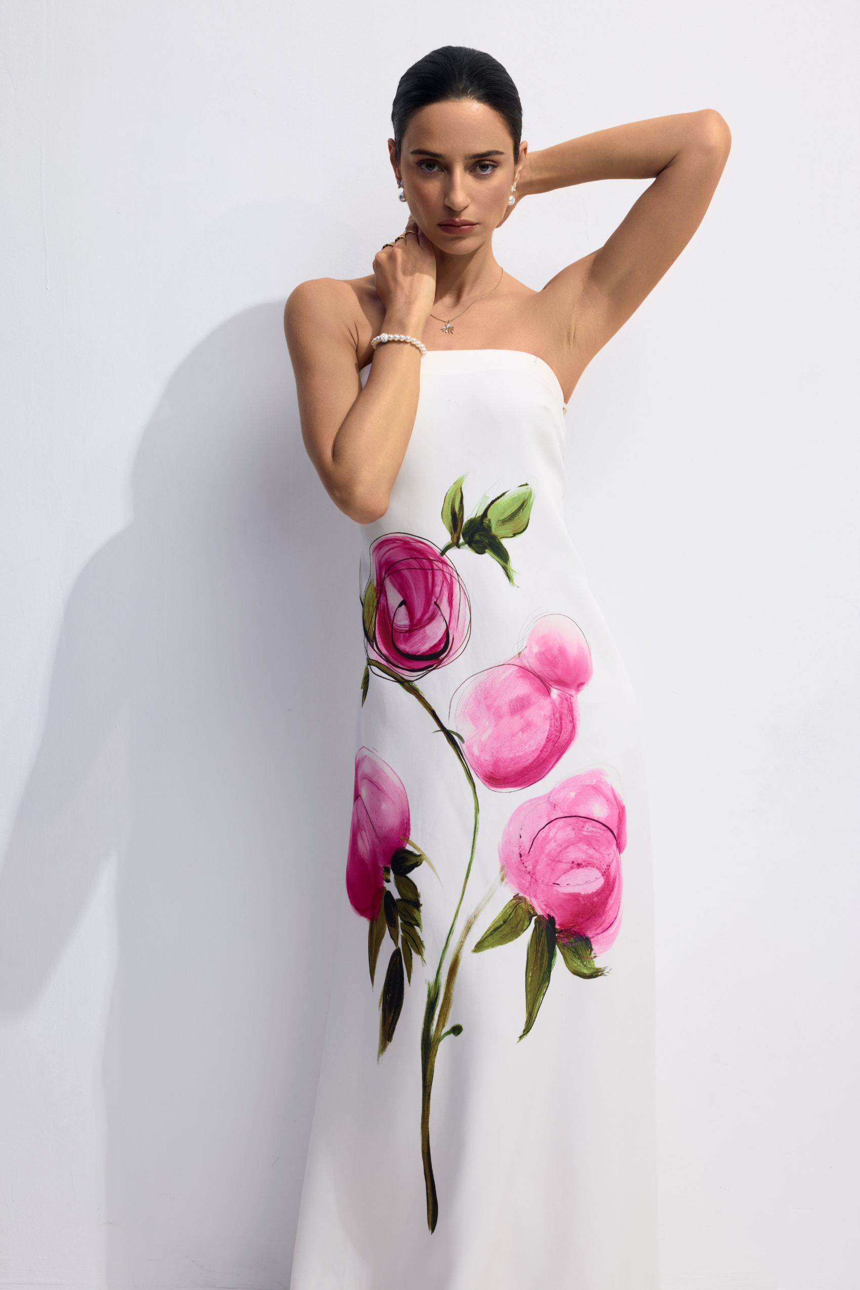 Dorothy Floral Print Strapless Satin Maxi Dress