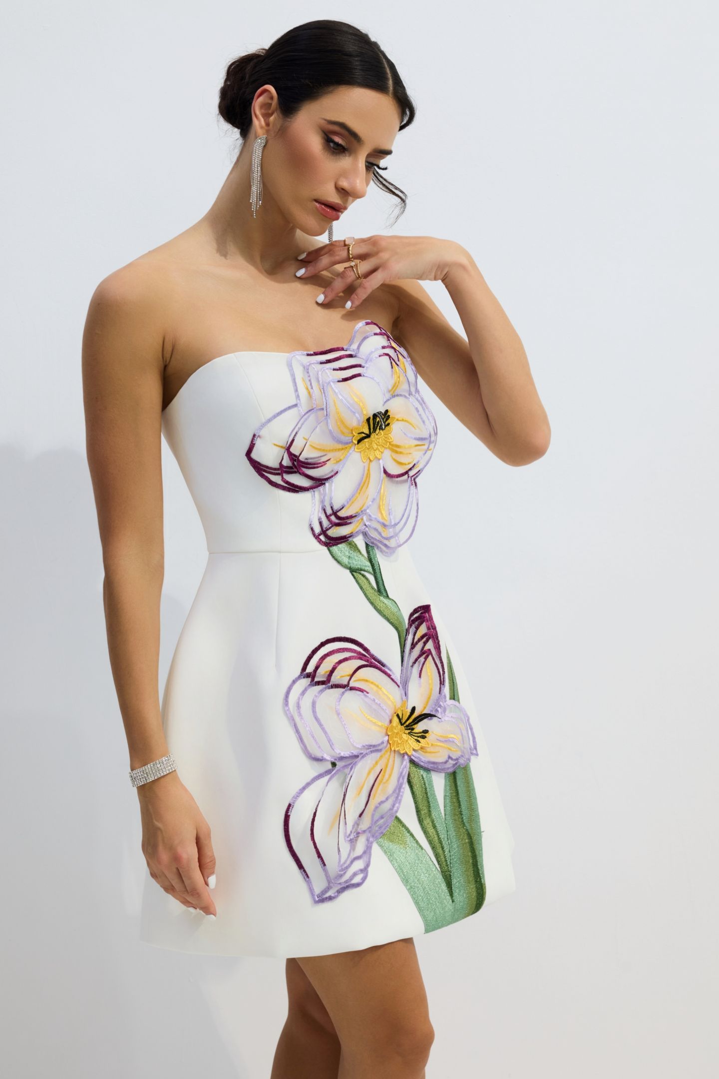 Lorena Floral Applique Strapless Mini Dress